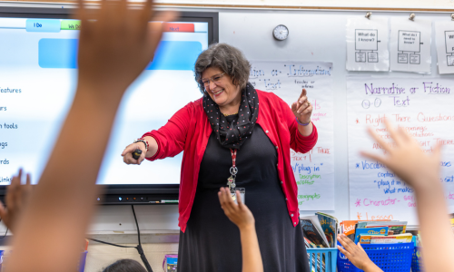 Students raise hands while Elizabeth Canute stands in front of class